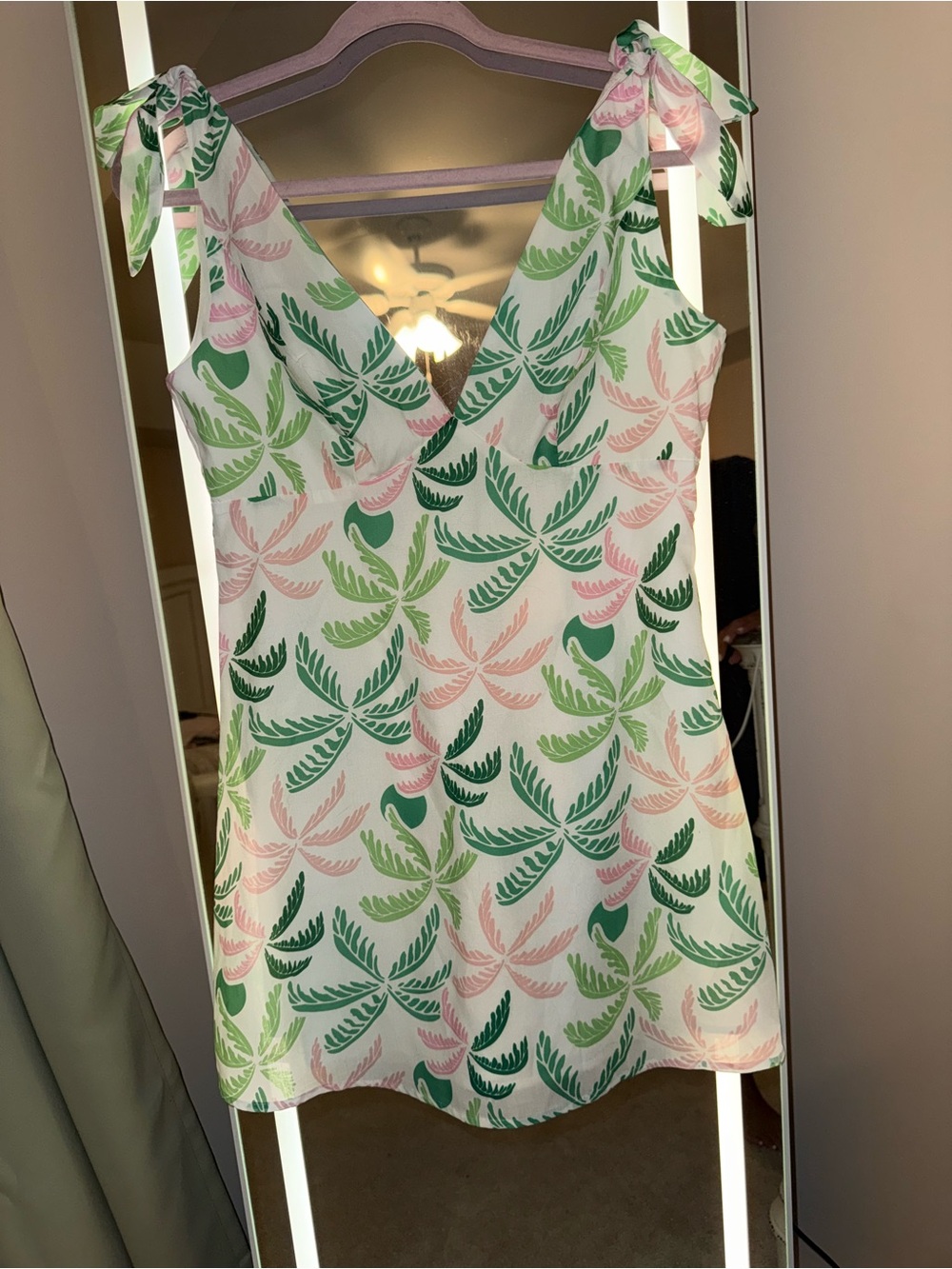 V-Neck Tie-Shoulder dress Green & Pink Palm Tree Print